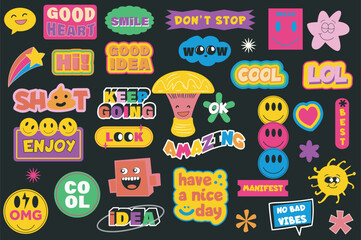 Aufkleber - Hand drawn fun stickers set in flat graphic design. Collection elements of cute doodle templates with groovy characters and messages of wow, lol, cool, best, amazing, other. Vector illustration.