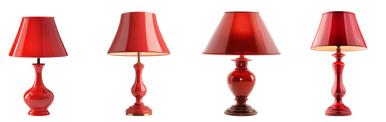 Poster - A collection of four red lamps with different base styles and heights showcase various lighting options.