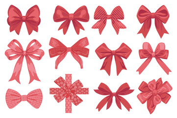 Poster - Holiday red bow set in flat graphic design. Collection elements of shiny silk and satin tied bows with ribbons of wrapping gift box packing for Christmas or birthday celebration. Vector illustration.