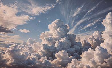 Poster - The sky is filled with fluffy white clouds, creating a serene and peaceful atmosphere. The clouds are scattered throughout the sky, with some appearing larger and more prominent than others. Scene is