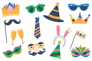 Poster - Purim carnival set in flat graphic design. Collection elements of crown, glasses, hat, mustache, champagne glass, mask nose, rabbit ears, other jewish holiday party accessory. Vector illustration.