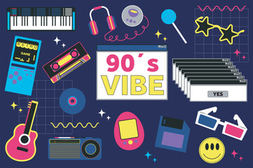 Aufkleber - Retro hippie stickers set in flat graphic design. Collection elements of keyboard, headphone, music player, lollipop, eyeglass, cassette, vinyl disk, other nostalgia 90s signs. Vector illustration.