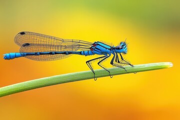 Poster - Blue dragonfly perched on green blade of grass against a colorful blurred background in a serene natural environment