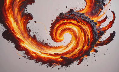 Poster - A fiery spiral of lava with a white background. The lava is orange and red, and it looks like it's coming out of a volcano. The image has a sense of danger and destruction