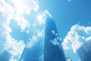 Aufkleber - Modern skyscraper rises against a clear sky showcasing innovative architecture and glass design in an urban landscape