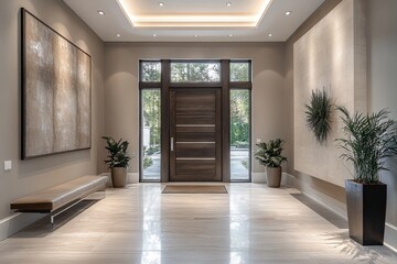 Fototapete - Modern entryway with large windows, wooden stairs, and greenery provides a bright welcome in a spacious home