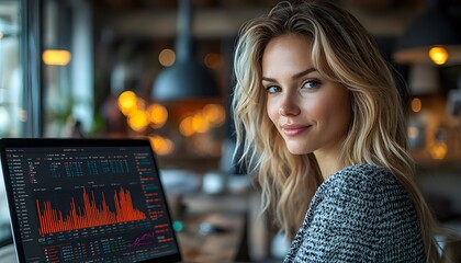 Aufkleber - Young Woman Analyzing Data on Laptop in Cozy Cafe Setting