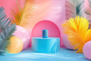 Leinwandbilder - Bright abstract composition featuring colored cylinders and fresh citrus on a vibrant backdrop with botanical elements