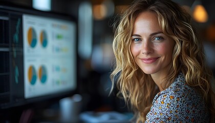 Aufkleber - Young Professional Woman Smiling at Computer in Stylish Workspace