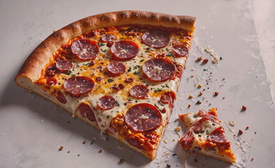 Aufkleber - A slice of pepperoni pizza is cut in half and sits on a white table. The pizza is covered in cheese and pepperoni, and the slice that is missing is on the left side