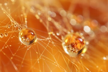 Wall Mural - Closeup of dewcovered spider silk on an orange leaf. Large and small water droplets cling to the intricate web, reflecting light. Autumnal colors dominate.