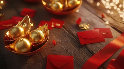 Canvas Print - Festive Lunar New Year decorations with golden ingots, red envelopes, and silk ribbons on a wooden table