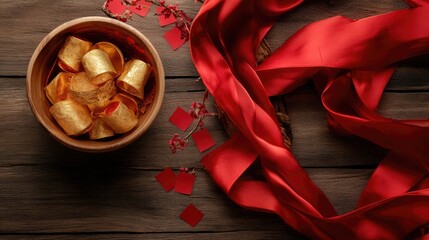 Canvas Print - Festive Lunar New Year decorations with golden ingots, red envelopes, and silk ribbons on a wooden table