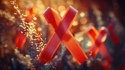 Wall Mural - A close-up of a red ribbon tied around a tree branch