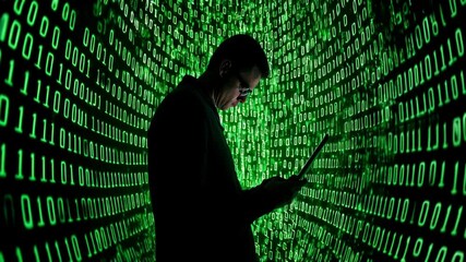 Poster - Digital Silhouette Surrounded by Green Binary Code and Data Technology Visualization