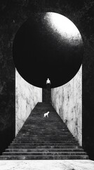 Poster - A figure ascends a grand staircase beneath a mesmerizing circular void, accompanied by a curious dog. The journey unfolds in a surreal setting filled with contrasts