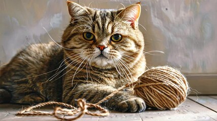 Poster - Fluffy domestic cat with yarn ball, relaxing on wooden floor, exuding playful nature and cozy atmosphere for pet lovers.