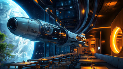 Wall Mural - a futuristic spaceship flying through space near a planet.