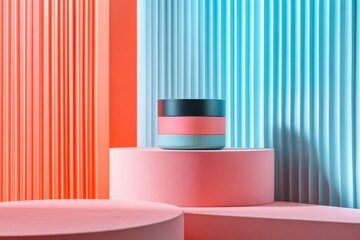Poster - Tropical inspired skincare product displayed on a vibrant blue and pink background with plant shadows at daylight