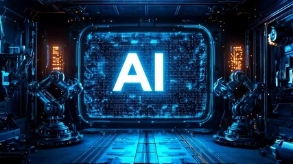 Poster - Futuristic Digital Screen Showcasing AI Technology with Robotic Arms in High Tech Environment