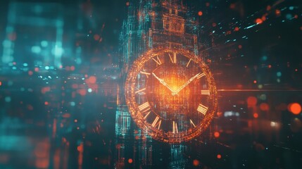 Poster - Futuristic clock tower with glowing roman numerals marking time in a digital city with blurred lights and fast data streams, symbolizing the rapid pace of technological advancement