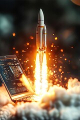 Poster - a laptop computer with a rocket blasting off from its screen