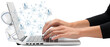 © MonkaLemonka - icon with businessperson typing on laptop keyboard with ai support and virtual connection with data; silhouette isolated over transparent (white) background with copy space