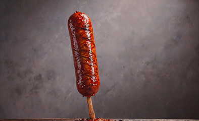 Poster - A hot dog is sitting on a stick. The stick is brown and the hot dog is brown