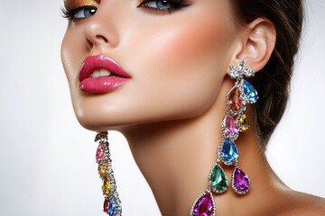 A beautiful woman wearing colorful jewelry on her face