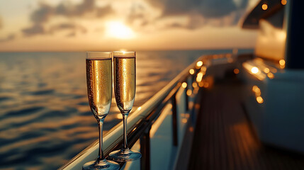 Wall Mural - Two champagne glasses resting on yacht railing during sunset cruise