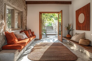 Fototapete - Modern entryway with large windows, wooden stairs, and greenery provides a bright welcome in a spacious home