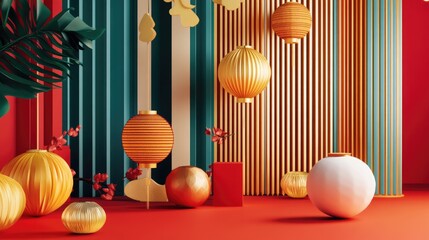 Wall Mural - A bold and modern Chinese New Year poster with gold text, abstract designs, and traditional lanterns as focal points