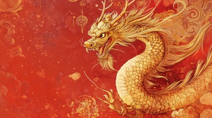 Wall Mural - A Chinese New Year poster design with an elegant gold dragon, red background, and traditional festive symbols