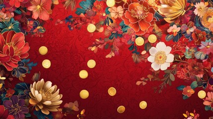 Wall Mural - A colorful and festive Chinese New Year poster featuring floral patterns, red envelopes, and gold coins on a deep red backdrop