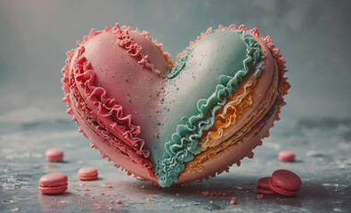 Poster - a heart-shaped pastry with pink, blue, and green frosting. the pastry is surrounded by several other