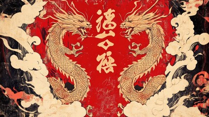 Wall Mural - A retro-style Chinese New Year poster with vintage red and gold colors, dragon motifs, and elegant fonts