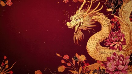 Wall Mural - A sophisticated Chinese New Year poster featuring a golden dragon and floral design elements on a deep red background