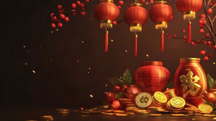 Wall Mural - A festive arrangement of prosperity symbols like golden coins, red lanterns, and firecrackers for the Chinese New Year celebration