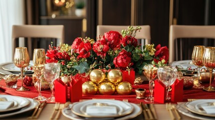 Wall Mural - A table set with prosperity symbols for Chinese New Year, including gold ingots, red envelopes, and festive flowers