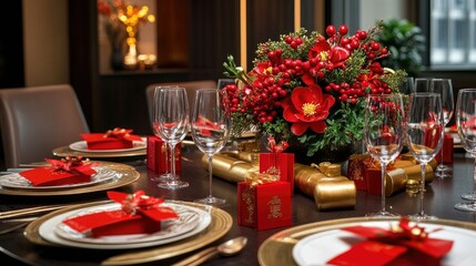 Wall Mural - A table set with prosperity symbols for Chinese New Year, including gold ingots, red envelopes, and festive flowers