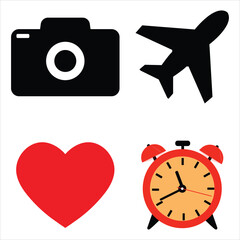 Wall Mural - camera,aeroplane, alarm-clock,heart icon set 