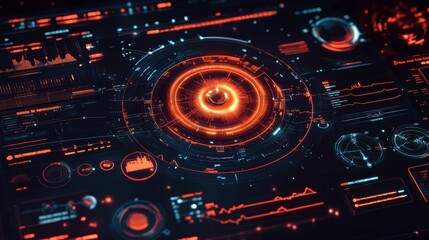 Poster - Futuristic heads up display - hud - interface showing complex data analysis and information processing with a central glowing core and various charts, graphs, and indicators in orange and blue