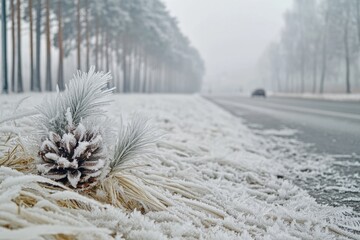 Wall Mural - A single pinecone sits on the side of a road, waiting to be noticed by passersby