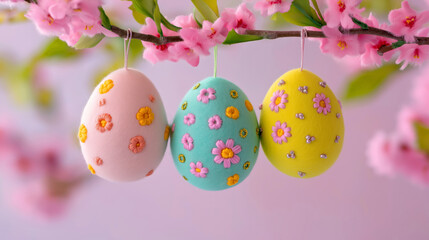 Wall Mural - Colorful Embroidered Easter Eggs Hanging on Flowering Branch