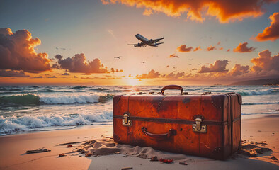 Aufkleber - A suitcase is on the beach with the sun setting in the background. The scene is serene and peaceful, with the waves crashing in the background