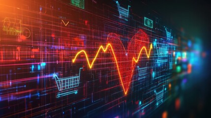 Poster - glowing lines intertwining to form shopping carts alongside a heart shaped chart, symbolizing the ri