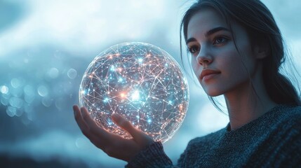 Aufkleber - Young woman holding glowing digital sphere with interconnected lines and nodes, showcasing technology, innovation, and futuristic concepts in a soft focus background