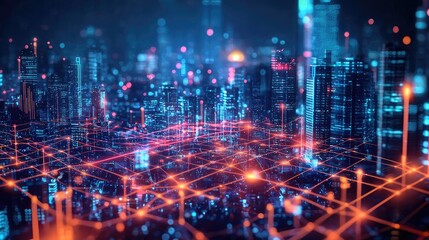 Fototapete - Futuristic Cityscape with Neon Lights and Digital Technology Elements in a Vibrant Urban Environment at Night