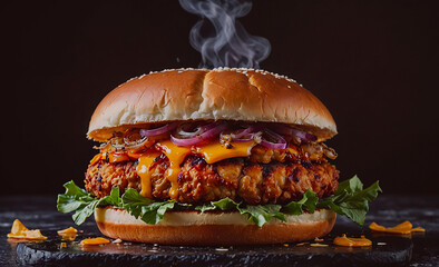Poster - A large burger with onions and cheese on it. The burger is sitting on a table with a black background