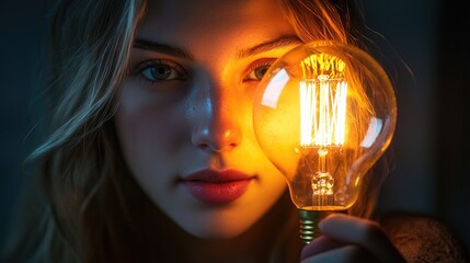 Aufkleber - Close-up Portrait of Young Woman Holding Vintage Light Bulb with Glowing Filament, Highlighting Creativity and Inspiration in Dark Environment